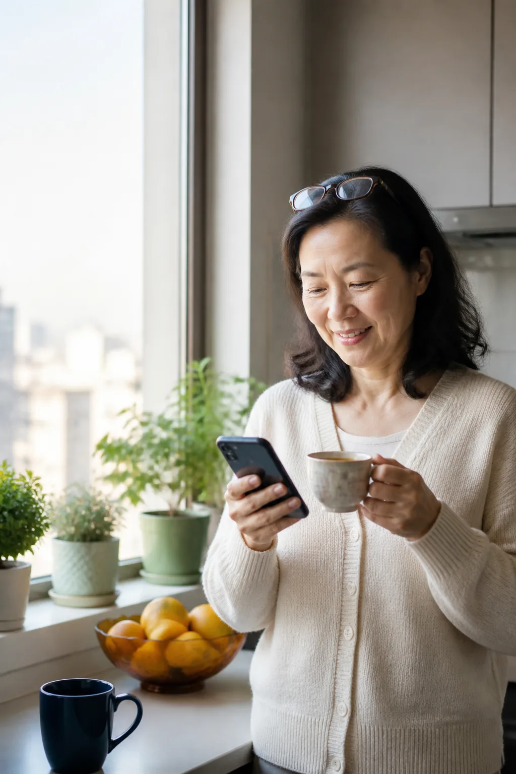 A mother at her kitchen window at home, cup of tea in hand, looking at her phone